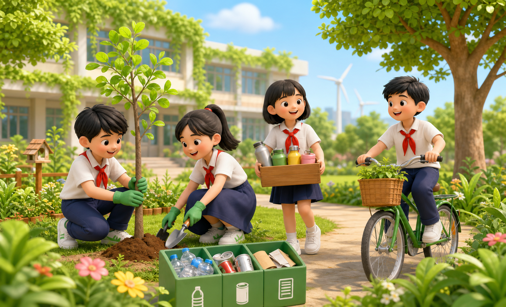 Các bạn học sinh lớp 6 cùng trồng cây, tái chế và đi xe đạp