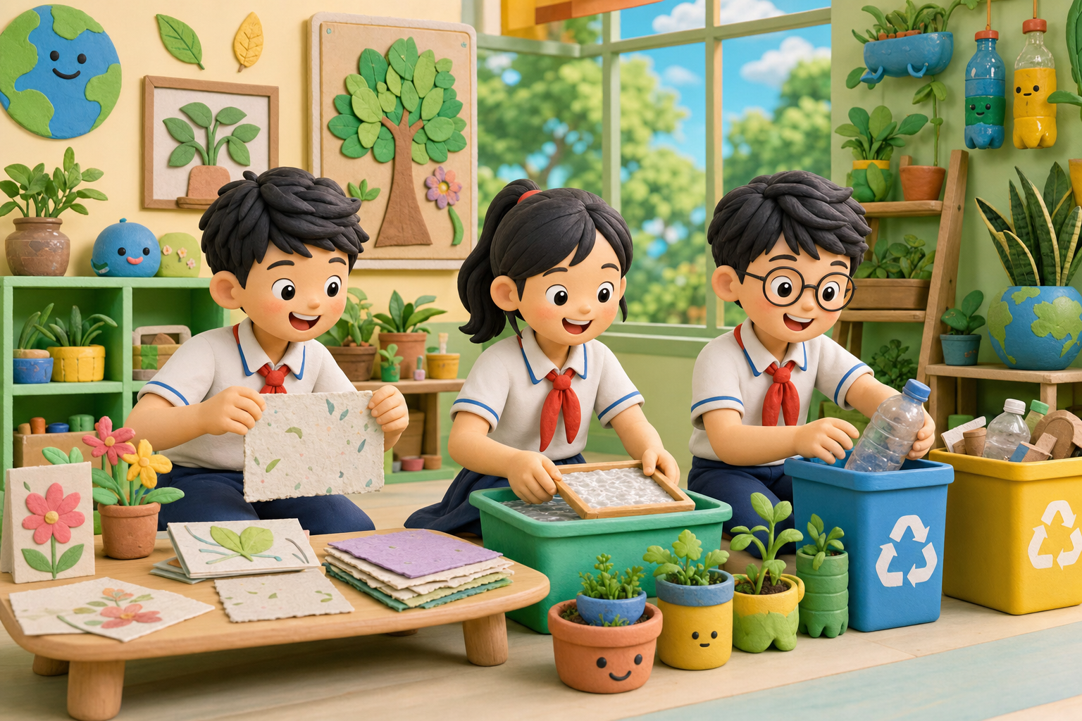 Học sinh làm đồ thủ công tái chế và chăm sóc cây trong lớp học