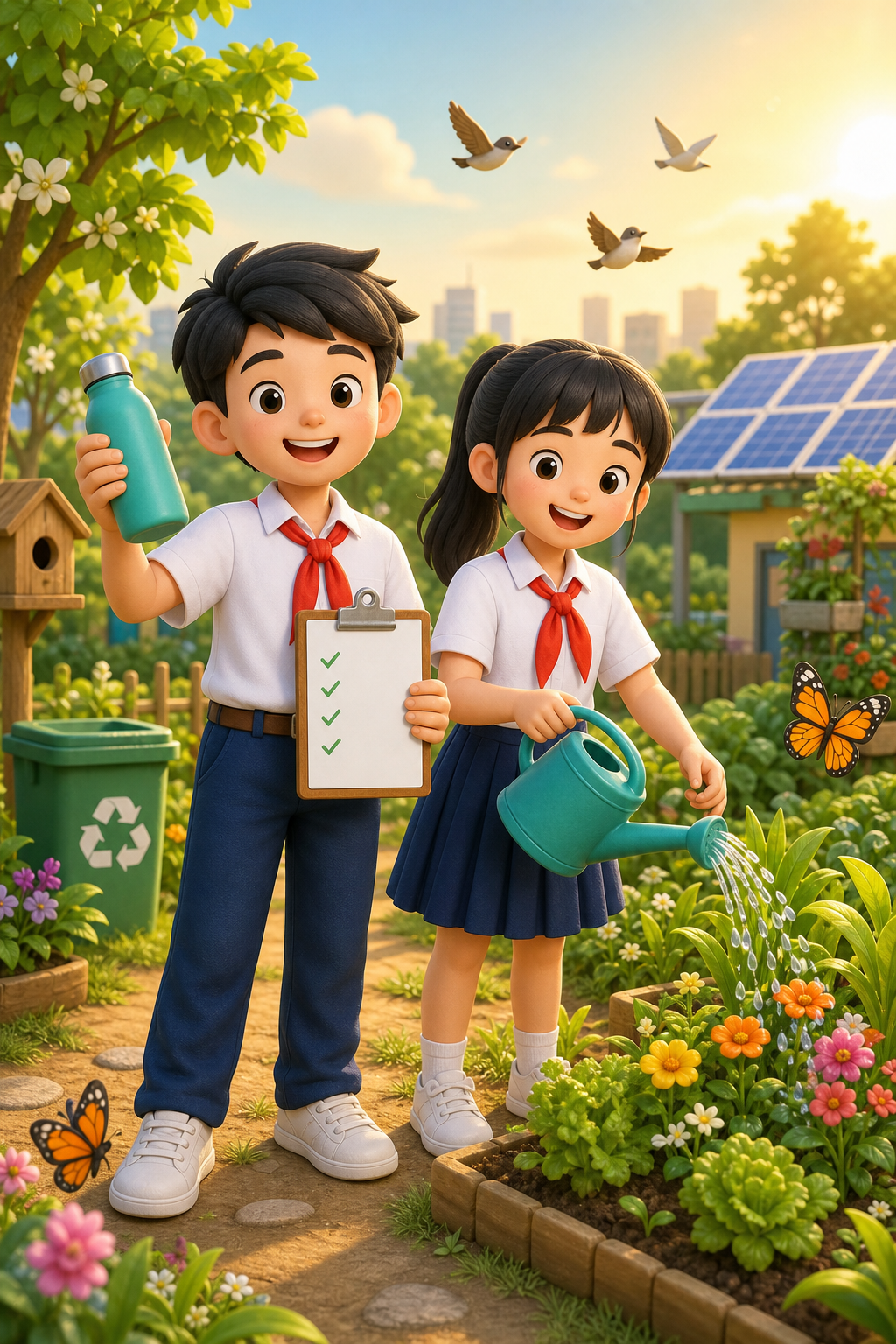 Hai học sinh hoàn thành thử thách sống xanh